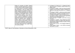 Várzea (no município do Recife), Engenho
Tapacurá, Quizanga e Mamucaia (no município
de São Lourenço da Mata), Mussaíba, Manas-
su, Sistema Gurjaú (no município do Jaboatão
dos Guararapes) e mata da Fazenda Santa
Beatriz do Carnijó (no município de Moreno). A
quase totalidade dos fragmentos de mata exis-
tentes no Núcleo Metropolitano são Reservas
Ecológicas da Região Metropolitana do Recife
criadas pela Lei n
o
9.989/87. Todos, no entan-
to, sofrem forte pressão do uso do solo que
ocorre no entorno (ocupação urbana, cana-de-
açúcar, culturas de subsistência e pecuária),
apresentando diferentes formas de degradação
através de expansão urbana, exploração de
madeira, captura de fauna e substituição da
mata por lavouras. Essa pressão é mais forte
sobre as matas localizadas no interior do perí-
metro urbano, a exemplo das matas do entorno
do Açude Pessoa de Queiroz, de Jangadinha,
Dois Unidos, Passarinho, Dois Irmãos, Enge-
nho Uchoa entre outras.
• Lei Federal no
4.771/65 (art. 2o
) – considera de preser-
vação permanente as florestas e demais formas de ve-
getação natural;
• Lei Estadual n
o
9.860/86 – define como área de proteção
ecológica a Área de Reserva Florestal ou Biológica con-
siderada de preservação permanente (art. 4
o
, parágrafo
2
o
);
• Lei Estadual n
o
9.989/87 – relaciona as reservas ecoló-
gicas da RMR (art. 2
o
) e define as restrições a que estão
submetidas essas unidades de conservação (art. 3o
);
• Lei Estadual no
9.990/87 – define as reservas ecológicas
como áreas de interesse especial (art. 4o
) e veda o par-
celamento do solo nessas áreas (art. 35);
• Decreto Municipal n
o
17.548/96 – cria a APA do Enge-
nho Uchoa;
• Lei Estadual n
o
11.622/98 – muda a categoria de manejo
das Reservas Ecológicas de Caetés e Dois irmãos para,
respectivamente, estação Ecológica de Caetés e Parque
Estadual de Dois irmãos;
• Portaria UFRPE n
o
051/75 – cria a Estação Ecológica do
Tapacurá;
• Portaria IBAMA n
o
024/01 – cria a RPPN da Fazenda
Santa Beatriz do Carnijó.
FONTE: Mapa de Potencialidades e Restrições do Núcleo Metropolitano, 2006.
72
 