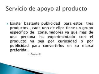 Existe  bastante publicidad  para estos  tres productos , cada uno de ellos tiene un grupo especifico de  consumidores ya que mas de una persona ha experimentado con el producto ya sea por curiosidad o por publicidad para convertirlos en su marca preferida..Gracias!!!Servicio de apoyo al producto