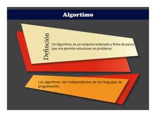 Algortimo
Un Algoritmo, es un conjunto ordenado y finito de pasos
que nos permite solucionar un problema.Definción
Los algoritmos son independientes de los lenguajes de
programación.
 