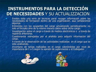 INSTRUMENTOS PARA LA DETECCIÓN DE NECESIDADES  Y SU ACTUALIZZACION Existen toda una serie de técnicas parar recoger información sobre las necesidades de formación dentro de una organización. aqui señalaremos algunos. Entrevista con los ocupantes del cargo actualizando periódicamente no solo el formato sino de la misma manera datos sobre dicho cargo. Investigación sobre el cargo a través de medios electrónicos o  a través de registros anteriores. Cuestionarios manejados por el analista para adquirir información del cargo. A través de la observación de las actividades realizadas  en el cargo que se esta analizando. Inventario de tareas realizadas en el cargo valorándolas por nivel de importancia de 1 a 5 según la opinión de supervisores y el trabajador. 