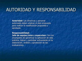 AUTORIDAD Y RESPONSABILIDAD Autoridad:  Las directivas y personal autorizado   deben analizar el plan propuesto para realizar la modificación propuesta y aprobarlo. Responsabilidad: Jefe de equipo/área y supervisor:  Son los encargados de garantizar la aplicación de esta práctica, liderar y participar activamente en la elaboración, análisis y aprobación de las evaluaciones.  