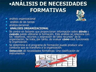 ANÁLISIS DE NECESIDADES FORMATIVAS análisis organizacional análisis de las tareas  análisis personal. ANÁLISIS ORGANIZACIONAL Se centra en factores que proporcionan información sobre  dónde  y  cuándo  puede utilizarse la formación. Este análisis se relaciona con los “objetivos, recursos y asignación de tales recursos” de la organización. Se trata, por tanto, de evaluar  cómo  está funcionado la organización. Se determina si el programa de formación puede producir una conducta que se transfiera a la organización. Detección  de necesidades formativas: Una clasificación de instrumentos 