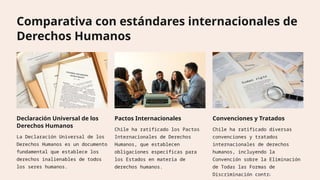 Comparativa con estándares internacionales de
Derechos Humanos
Declaración Universal de los
Derechos Humanos
La Declaración Universal de los
Derechos Humanos es un documento
fundamental que establece los
derechos inalienables de todos
los seres humanos.
Pactos Internacionales
Chile ha ratificado los Pactos
Internacionales de Derechos
Humanos, que establecen
obligaciones específicas para
los Estados en materia de
derechos humanos.
Convenciones y Tratados
Chile ha ratificado diversas
convenciones y tratados
internacionales de derechos
humanos, incluyendo la
Convención sobre la Eliminación
de Todas las Formas de
Discriminación contra la Mujer.
 