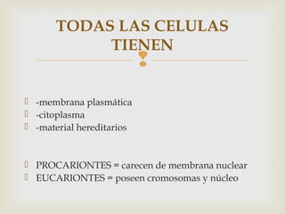TODAS LAS CELULAS 
TIENEN 
 
 -membrana plasmática 
 -citoplasma 
 -material hereditarios 
 PROCARIONTES = carecen de membrana nuclear 
 EUCARIONTES = poseen cromosomas y núcleo 
 
