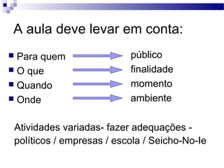 A aula deve levar em conta:
 Para quem
 O que
 Quando
 Onde
Atividades variadas- fazer adequações -
políticos / empresas / escola / Seicho-No-Ie
público
finalidade
momento
ambiente
 