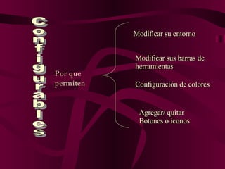 Configurables Modificar su entorno Modificar sus barras de herramientas Configuración de colores Agregar/ quitar Botones o iconos Por que permiten 