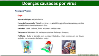 Doenças causadas por vírus
Principais Viroses
Gripe
Agente Etiológico: Vírus Influenza
Forma de transmissão: Vias aéreas (oral e respiratória); contato pessoa-pessoa; contato
com objetos contaminados com o vírus.
Sintomas: Febre, calafrios, dores de cabeça e musculares.
Tratamento: Não existe. Há medicamentos que aliviam os sintomas.
Profilaxia: Evitar o contato com pessoas infectadas, evitar permanecer por longos
períodos em ambientes fechados, vacina.
 