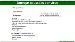 Principais Viroses
Febre Amarela
VI) Sintomas
• Icterícia
• Hemorragia (vômito escuro)
• Insuficiência renal aguda (albuminúria intensa)
• Febre de início súbito, com duração máxima de 12 dias
• Calafrios
• Dor de cabeça intensa,
• Dores musculares,
• Prostração
Forma grave (50% dos infectados)
• Danos endoteliais (microtromboses)
• Anóxia Tissular
• Choque
Destruição de células do fígado e
células endoteliais (hemorragias).
Doenças causadas por vírus
 