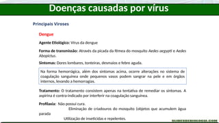 Doenças causadas por vírus
Principais Viroses
Dengue
Agente Etiológico: Vírus da dengue
Forma de transmissão: Através da picada da fêmea do mosquito Aedes aegypti e Aedes
Abopictus.
Sintomas: Dores lombares, tonteiras, desmaios e febre aguda.
Tratamento: O tratamento consistem apenas na tentativa de remediar os sintomas. A
aspirina é contra-indicado por interferir na coagulação sanguínea.
Profilaxia: Não possui cura.
Eliminação de criadouros do mosquito (objetos que acumulem água
parada
Utilização de inseticidas e repelentes.
Na forma hemorrágica, além dos sintomas acima, ocorre alterações no sistema de
coagulação sanguínea onde pequenos vasos podem sangrar na pele e em órgãos
internos, levando a hemorragias.
 