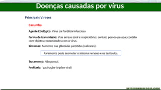 Doenças causadas por vírus
Principais Viroses
Caxumba
Agente Etiológico: Vírus da Parótida infecciosa
Forma de transmissão: Vias aéreas (oral e respiratória); contato pessoa-pessoa; contato
com objetos contaminados com o vírus.
Sintomas: Aumento das glândulas parótidas (salivares).
Tratamento: Não possui.
Profilaxia: Vacinação (tríplice viral)
Raramente pode acometer o sistema nervoso e os testículos.
 