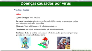 Doenças causadas por vírus
Principais Viroses
Gripe
Agente Etiológico: Vírus Influenza
Forma de transmissão: Vias aéreas (oral e respiratória); contato pessoa-pessoa; contato
com objetos contaminados com o vírus.
Sintomas: Febre, calafrios, dores de cabeça e musculares.
Tratamento: Não existe. Há medicamentos que aliviam os sintomas.
Profilaxia: Evitar o contato com pessoas infectadas, evitar permanecer por longos
períodos em ambientes fechados, vacina.
 