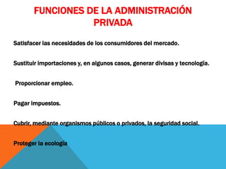 FUNCIONES DE LA ADMINISTRACIÓN
PRIVADA
Satisfacer las necesidades de los consumidores del mercado.
Sustituir importaciones y, en algunos casos, generar divisas y tecnología.
Proporcionar empleo.
Pagar impuestos.
Cubrir, mediante organismos públicos o privados, la seguridad social.
Proteger la ecología
 