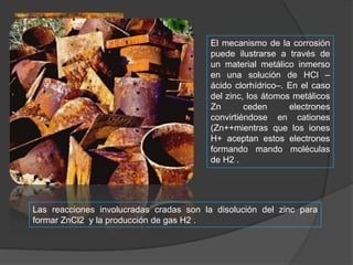 El mecanismo de la corrosión
puede ilustrarse a través de
un material metálico inmerso
en una solución de HCl –
ácido clorhídrico–. En el caso
del zinc, los átomos metálicos
Zn
ceden
electrones
convirtiéndose en cationes
(Zn++mientras que los iones
H+ aceptan estos electrones
formando mando moléculas
de H2 .

Las reacciones involucradas cradas son la disolución del zinc para
formar ZnCl2 y la producción de gas H2 .

 