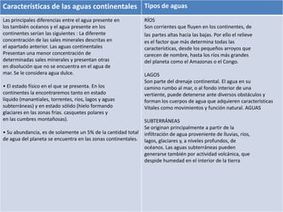 Características de las aguas continentales Tipos de aguas
Las principales diferencias entre el agua presente en          RÍOS
los también océanos y el agua presente en los                  Son corrientes que fluyen en los continentes, de
continentes serían las siguientes : La diferente               las partes altas hacia las bajas. Por ello el relieve
concentración de las sales minerales descritas en              es el factor que más determina todas las
el apartado anterior. Las aguas continentales                  características, desde los pequeños arroyos que
Presentan una menor concentración de                           carecen de nombre, hasta los ríos más grandes
determinadas sales minerales y presentan otras                 del planeta como el Amazonas o el Congo.
en disolución que no se encuentra en el agua de
mar. Se le considera agua dulce.                               LAGOS
                                                               Son parte del drenaje continental. El agua en su
• El estado físico en el que se presenta. En los               camino rumbo al mar, o al fondo interior de una
continentes la encontraremos tanto en estado                   vertiente, puede detenerse ante diversos obstáculos y
líquido (manantiales, torrentes, ríos, lagos y aguas           forman los cuerpos de agua que adquieren características
subterráneas) y en estado sólido (hielo formando               Vitales como movimientos y función natural. AGUAS
glaciares en las zonas frías. casquetes polares y
en las cumbres montañosas).                                    SUBTERRÁNEAS
                                                               Se originan principalmente a partir de la
• Su abundancia, es de solamente un 5% de la cantidad total    infiltración de agua proveniente de lluvias, ríos,
de agua del planeta se encuentra en las zonas continentales.   lagos, glaciares y, a niveles profundos, de
                                                               océanos. Las aguas subterráneas pueden
                                                               generarse también por actividad volcánica, que
                                                               despide humedad en el interior de la tierra
 