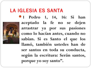 LA IGLESIA ES SANTA
1 Pedro 1, 14, 16: Si han
aceptado la fe no se dejen
arrastrar ya por sus pasiones
como lo hacían antes, cuando no
sabían. Si es Santo el que los
llamó, también ustedes han de
ser santos en toda su conducta,
según la escritura: Serán santos,
porque yo soy santo”.
 