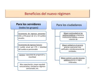 Beneficios del nuevo régimen
Para los servidores
(todos los grupos)
Incremento de ingresos presentes:
CAS y 276 pasan de 12 a 14 sueldos
anuales.
Incremento de ingresos futuros:
1 sueldo anual por CTS + totalidad
del sueldo es pensionable
Carrera: capacidad de progresión y
movilidad
Mas capacitación, mayor equidad
remunerativa, claridad en régimen
sancionador, etc.
Para los ciudadanos
Mayor continuidad en las
políticas públicas y memoria
institucional debido a menor
rotación de
Mayor calidad en el servicio
gracias a personal mas
calificado y reordenamiento de
entidades.
Mejor control y uso de recursos
públicos gracias a reglas
ordenadas.
26
 
