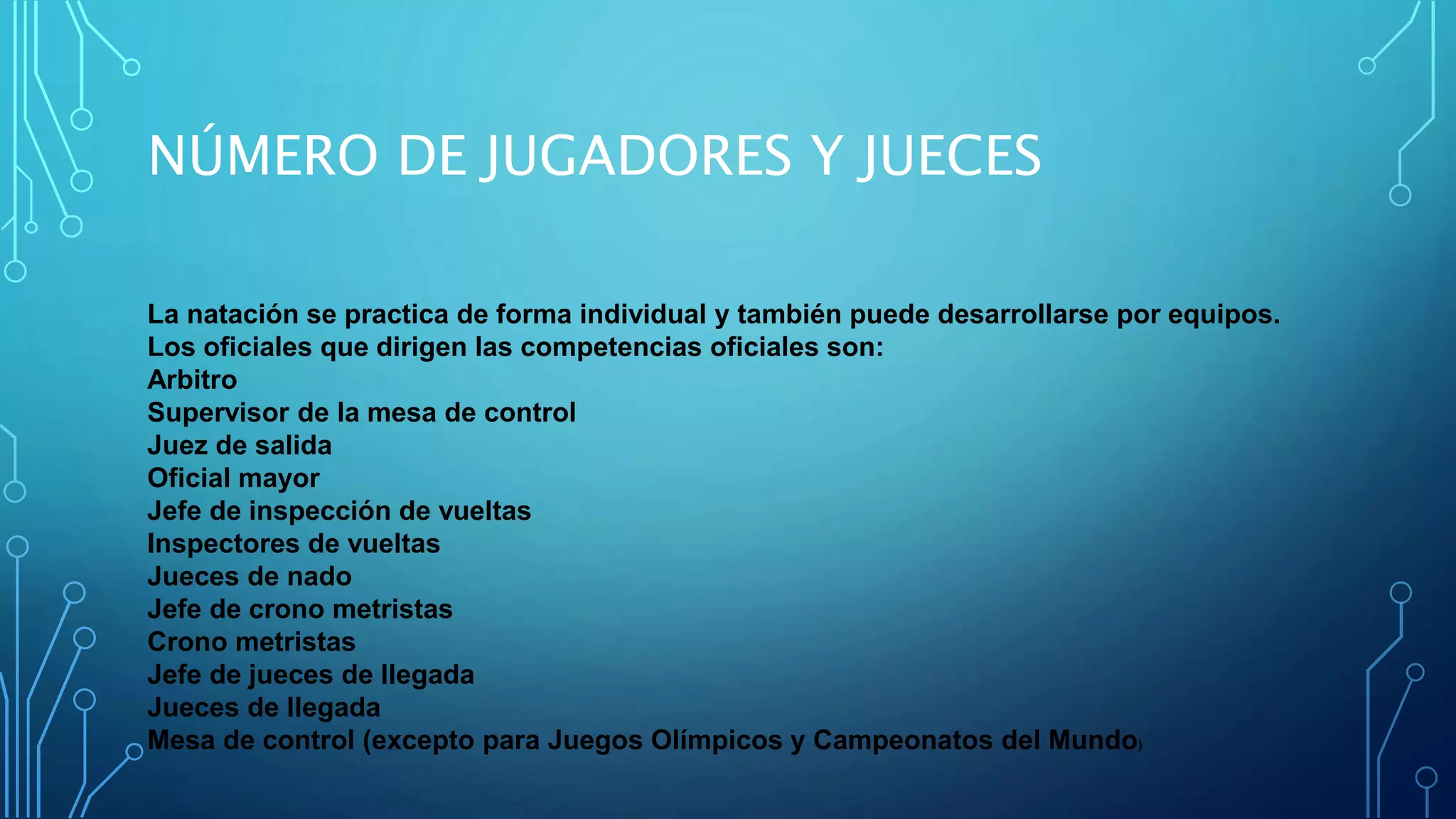NÚMERO DE JUGADORES Y JUECES
La natación se practica de forma individual y también puede desarrollarse por equipos.
Los oficiales que dirigen las competencias oficiales son:
Arbitro
Supervisor de la mesa de control
Juez de salida
Oficial mayor
Jefe de inspección de vueltas
Inspectores de vueltas
Jueces de nado
Jefe de crono metristas
Crono metristas
Jefe de jueces de llegada
Jueces de llegada
Mesa de control (excepto para Juegos Olímpicos y Campeonatos del Mundo)
 