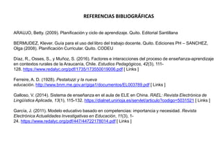 REFERENCIAS BIBLIOGRÁFICAS
ARAUJO, Betty. (2009). Planificación y ciclo de aprendizaje. Quito. Editorial Santillana
BERMUDEZ, Klever. Guía para el uso del libro del trabajo docente. Quito. Ediciones PH – SANCHEZ,
Olga (2008). Planificación Curricular. Quito. CODEU
Díaz, R., Osses, S., y Muñoz, S. (2016). Factores e interacciones del proceso de enseñanza-aprendizaje
en contextos rurales de la Araucanía, Chile. Estudios Pedagógicos, 42(3), 111-
128. https://www.redalyc.org/pdf/1735/173550019006.pdf [ Links ]
Ferreire, A. D. (1928). Pestalozzi y la nueva
educación. http://www.bnm.me.gov.ar/giga1/documentos/EL003789.pdf [ Links ]
Galloso, V. (2014). Sistema de enseñanza en el aula de ELE en China. RAEL: Revista Electrónica de
Lingüística Aplicada, 13(1), 115-132. https://dialnet.unirioja.es/servlet/articulo?codigo=5031521 [ Links ]
García, J. (2011). Modelo educativo basado en competencias: importancia y necesidad. Revista
Electrónica Actualidades Investigativas en Educación, 11(3), 1-
24. https://www.redalyc.org/pdf/447/44722178014.pdf [ Links ]
 