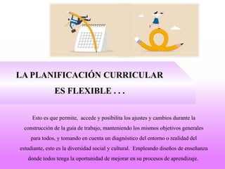 LA PLANIFICACIÓN CURRICULAR
ES FLEXIBLE . . .
Esto es que permite, accede y posibilita los ajustes y cambios durante la
construcción de la guía de trabajo, manteniendo los mismos objetivos generales
para todos, y tomando en cuenta un diagnóstico del entorno o realidad del
estudiante, esto es la diversidad social y cultural. Empleando diseños de enseñanza
donde todos tenga la oportunidad de mejorar en su procesos de aprendizaje.
 