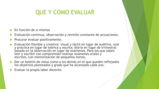 QUE Y COMO EVALUAR









En función de si mismos
Evaluación continua, observación y revisión constante de actuaciones.
Procurar evaluar positivamente.
Evaluación flexible y creativa: visual y táctil en lugar de auditiva, oral
y practica en lugar de teórica y escrita; diaria en lugar de trimestral
basada en la observación en lugar de exámenes. Para los que saben
leer y escribir con comprensión realizar exámenes orales y
escritos, con memorización de pequeños textos.
Dar un boletín de notas como a los demás en el que queden reflejados
los objetivos planteados y grado que ha alcanzado cada uno.
Evaluar la propia labor docente.

 