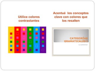 Utilice colores
contrastantes
Acentué los conceptos
clave con colores que
los resalten
 