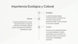 Importancia Ecológica y Cultural
1 Ecológica
La serranía esteparia alberga
numerosas especies endémicas y es
una fuente de agua para las
poblaciones locales, lo que la convierte
en un recurso invaluable.
2
Cultural
La serranía esteparia tiene una gran
importancia cultural y es hogar de
numerosas comunidades indígenas
que han conservado sus tradiciones y
costumbres por siglos.
3 Turismo
El turismo es una actividad importante
en la serranía esteparia, brindando
oportunidades para la educación y el
intercambio cultural, así como para la
conservación y sostenibilidad
económica.
 