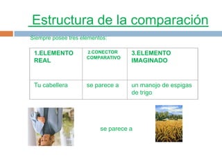 Estructura de la comparación
Siempre posee tres elementos:

 1.ELEMENTO          2.CONECTOR     3.ELEMENTO
                     COMPARATIVO
 REAL                               IMAGINADO


 Tu cabellera        se parece a    un manojo de espigas
                                    de trigo.




                          se parece a
 