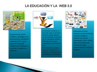 • La educación a distancia, en      •Interacción en la que
                               gran parte, debe su desarrollo
                                                                  aparecen nuevos fenómenos
•Surgimiento de nuevos         al enorme impulso obtenido
                                                                  y grandes desafíos a
modelos y estrategias en el    con el surgimiento de Internet y
                                                                  enfrentar con nuevos
área educativa, permitiendo    las TIC. Igualmente, la World
                                                                  instrumentos, como Weblog
mediante las TIC, que la       Wide Web abrió grandes
                               posibilidades a la educación en    hasta instrumentos para
educación desarrolle
                               línea.                             compartir la propia
métodos que contribuyen a
                              • Web Semántica en el área          experiencia como YouTube o
aumentar su espacio de
                               educativa se centraría en el       MySpace
aplicación
                               desarrollo de metaprogramas o
                               metasistemas de información
 