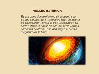 NÚCLEO EXTERIOR
Es una zona donde el hierro se encuentra en
estado Líquido. Este material es buen conductor
de electricidad y circula a gran velocidad en su
parte externa. A causa de ello, se producen las
corrientes eléctricas, que dan origen al campo
magnético de la tierra.
 