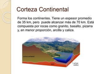 Corteza Continental
Forma los continentes. Tiene un espesor promedio
de 35 km, pero puede alcanzar más de 70 km. Está
compuesta por rocas como granito, basalto, pizarra
y, en menor proporción, arcilla y caliza.
 