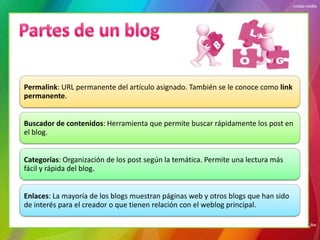 Permalink: URL permanente del artículo asignado. También se le conoce como link
permanente.


Buscador de contenidos: Herramienta que permite buscar rápidamente los post en
el blog.


Categorías: Organización de los post según la temática. Permite una lectura más
fácil y rápida del blog.


Enlaces: La mayoría de los blogs muestran páginas web y otros blogs que han sido
de interés para el creador o que tienen relación con el weblog principal.
 