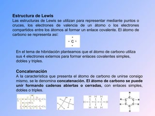 Estructura de Lewis Las estructuras de Lewis se utilizan para representar mediante puntos o cruces, los electrones de valencia de un átomo o los electrones compartidos entre los átomos al formar un enlace covalente. El átomo de carbono se representa así:  En el tema de hibridación planteamos que el átomo de carbono utiliza sus 4 electrones externos para formar enlaces covalentes simples, dobles y triples. Concatenación A la característica que presenta el átomo de carbono de unirse consigo mismo, se le denomina  concatenación. El átomo de carbono se puede unir formando cadenas abiertas o cerradas,  con enlaces simples, dobles o triples. 