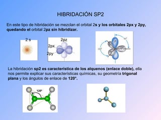 HIBRIDACIÓN SP2 En este tipo de hibridación se mezclan el orbital 2 s y los orbitales 2px y 2py, quedando el  orbital 2 pz sin hibridizar. La hibridación  sp2 es característica de los alquenos (enlace doble),  ella nos permite explicar sus características químicas, su geometría  trigonal plana  y los ángulos de enlace de  120°. 2 s 2px 2py 2pz 