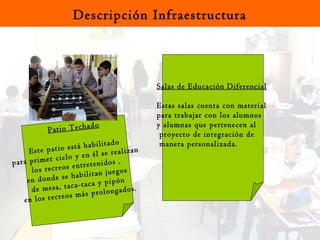 Salas de Educación Diferencial   Estas salas cuenta con material  para trabajar con los alumnos  y alumnas que pertenecen al proyecto de integración de manera personalizada. Descripción Infraestructura Patio Techado Este patio está habilitado  para primer ciclo y en él se realizan  los recreos entretenidos ,  en donde se habilitan juegos  de mesa, taca-taca y pipón  en los recreos más prolongados. 