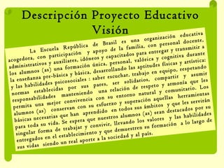 Descripción Proyecto Educativo Visión La Escuela República de Brasil es una organización educativa acogedora, con participación  y apoyo de la familia, con personal docente, administrativos y auxiliares, idóneos y capacitados para entregar y transmitir a los alumnos (as) una formación única, personal, valórica y cognitiva durante la enseñanza pre-básica y básica, desarrollando las aptitudes físicas y artística: y las habilidades psicosociales : saber escuchar, trabajo en equipo, respetando normas establecidas por sus pares, ser solidarios, compartir y asumir responsabilidades  manteniendo  una relación de respeto y armonía que les permita una mejor convivencia con su entorno natural y comunitario. Los alumnos (as)  conservan con su esfuerzo y superación aquellas  herramientas básicas necesarias que han  aprendido  en todos sus ámbitos  y que les servirán para toda su vida. Se espera que nuestros alumnos (as) sean destacados por su singular forma de trabajar y convivir, llevando los valores  y las habilidades entregados en el establecimiento y que demuestren su formación  a lo largo de sus vidas  siendo un real aporte a la sociedad y al país. 