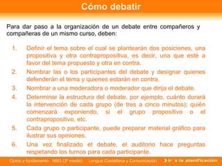 Cómo debatir Para dar paso a la organización de un debate entre compañeros y compañeras de un mismo curso, deben: Definir el tema sobre el cual se plantearán dos posiciones, una propositiva y otra contrapropositiva, es decir, una que esté a favor del tema propuesto y otra en contra.  Nombrar las o los participantes del debate y designar quienes defenderán el tema y quienes estarán en contra. Nombrar a una moderadora o moderador que dirija el debate. Determinar la estructura del debate, por ejemplo, cuánto durará la intervención de cada grupo (de tres a cinco minutos); quién comenzará exponiendo, si el grupo propositivo o el contrapropositivo, etc. Cada grupo o participante, puede preparar material gráfico para ilustrar sus opiniones. Una vez finalizado el debate, el auditorio hace preguntas respetando los turnos para cada participante. 