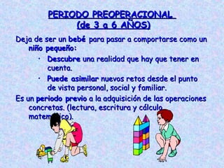 PERIODO PREOPERACIONALPERIODO PREOPERACIONAL
(de 3 a 6 AÑOS)(de 3 a 6 AÑOS)
Deja de ser unDeja de ser un bebébebé para pasar a comportarse como unpara pasar a comportarse como un
niño pequeño:niño pequeño:
• DescubreDescubre una realidad que hay que tener enuna realidad que hay que tener en
cuenta.cuenta.
• Puede asimilarPuede asimilar nuevos retos desde el puntonuevos retos desde el punto
de vista personal, social y familiar.de vista personal, social y familiar.
Es unEs un periodo previoperiodo previo a la adquisición de las operacionesa la adquisición de las operaciones
concretas. (lectura, escritura y cálculoconcretas. (lectura, escritura y cálculo
matemático).matemático).
 