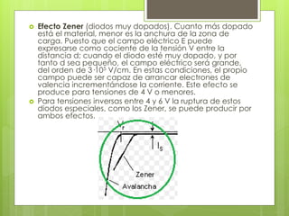  Efecto Zener (diodos muy dopados). Cuanto más dopado 
está el material, menor es la anchura de la zona de 
carga. Puesto que el campo eléctrico E puede 
expresarse como cociente de la tensión V entre la 
distancia d; cuando el diodo esté muy dopado, y por 
tanto d sea pequeño, el campo eléctrico será grande, 
del orden de 3·105 V/cm. En estas condiciones, el propio 
campo puede ser capaz de arrancar electrones de 
valencia incrementándose la corriente. Este efecto se 
produce para tensiones de 4 V o menores. 
 Para tensiones inversas entre 4 y 6 V la ruptura de estos 
diodos especiales, como los Zener, se puede producir por 
ambos efectos. 
