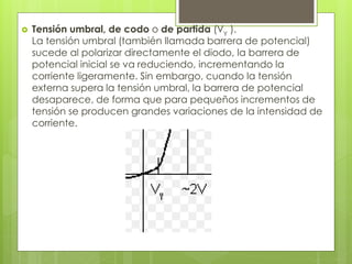  Tensión umbral, de codo o de partida (Vγ ). 
La tensión umbral (también llamada barrera de potencial) 
sucede al polarizar directamente el diodo, la barrera de 
potencial inicial se va reduciendo, incrementando la 
corriente ligeramente. Sin embargo, cuando la tensión 
externa supera la tensión umbral, la barrera de potencial 
desaparece, de forma que para pequeños incrementos de 
tensión se producen grandes variaciones de la intensidad de 
corriente. 
 