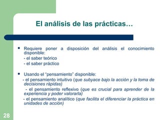 28
El análisis de las prácticas…
 Requiere poner a disposición del análisis el conocimiento
disponible:
- el saber teórico
- el saber práctico
 Usando el “pensamiento” disponible:
- el pensamiento intuitivo (que subyace bajo la acción y la toma de
decisiones rápidas)
- el pensamiento reflexivo (que es crucial para aprender de la
experiencia y poder valorarla)
- el pensamiento analítico (que facilita el diferenciar la práctica en
unidades de acción)
 
