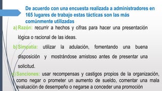 De acuerdo con una encuesta realizada a administradores en
165 lugares de trabajo estas tácticas son las más
comúnmente utilizadas
a)Razón: recurrir a hechos y cifras para hacer una presentación
lógica o racional de las ideas.
b)Simpatía: utilizar la adulación, fomentando una buena
disposición y mostrándose amistoso antes de presentar una
solicitud.
c)Sanciones: usar recompensas y castigos propios de la organización,
como negar o prometer un aumento de sueldo, comentar una mala
evaluación de desempeño o negarse a conceder una promoción
 