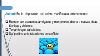 Actitud: Es la disposición del ánimo manifestada exteriormente:
 Romper con esquemas arraigados y mantenerse abierto a nuevas ideas,
técnicas y visiones;
 Tomar riesgos calculados;
 Ser positivo ante situaciones de conflicto
 