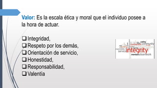 Valor: Es la escala ética y moral que el individuo posee a
la hora de actuar.
Integridad,
Respeto por los demás,
Orientación de servicio,
Honestidad,
Responsabilidad,
Valentía
 