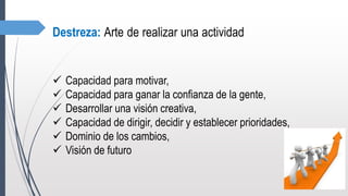 Destreza: Arte de realizar una actividad
 Capacidad para motivar,
 Capacidad para ganar la confianza de la gente,
 Desarrollar una visión creativa,
 Capacidad de dirigir, decidir y establecer prioridades,
 Dominio de los cambios,
 Visión de futuro
 