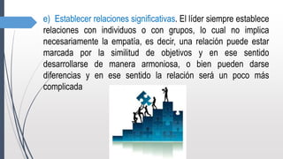 e) Establecer relaciones significativas. El líder siempre establece
relaciones con individuos o con grupos, lo cual no implica
necesariamente la empatía, es decir, una relación puede estar
marcada por la similitud de objetivos y en ese sentido
desarrollarse de manera armoniosa, o bien pueden darse
diferencias y en ese sentido la relación será un poco más
complicada
 