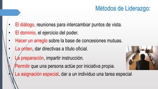 Métodos de Liderazgo:
• El diálogo, reuniones para intercambiar puntos de vista.
• El dominio, el ejercicio del poder.
• Hacer un arreglo sobre la base de concesiones mutuas.
• La orden, dar directivas a título oficial.
• La preparación, impartir instrucción.
• Permitir que una persona actúe por iniciativa propia.
• La asignación especial, dar a un individuo una tarea especial.
 