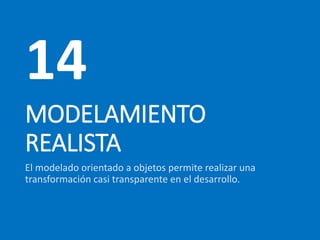 MODELAMIENTO
REALISTA
El modelado orientado a objetos permite realizar una
transformación casi transparente en el desarrollo.
14
 