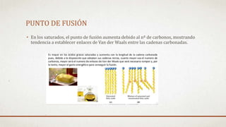 PUNTO DE FUSIÓN
• En los saturados, el punto de fusión aumenta debido al nº de carbonos, mostrando
tendencia a establecer enlaces de Van der Waals entre las cadenas carbonadas.