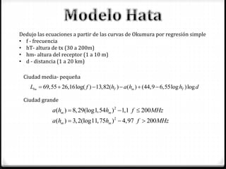 Dedujo las ecuaciones a partir de las curvas de Okumura por regresión simple
• f - frecuencia
• hT- altura de tx (30 a 200m)
• hm- altura del receptor (1 a 10 m)
• d - distancia (1 a 20 km)
Ciudad media- pequeña
69,55 26,16log( ) 13,82( ) ( ) (44,9 6,55log )logbu T m TL f h a h h d     
Ciudad grande
2
2
( ) 8,29(log1,54 ) 1,1 200
( ) 3,2(log11,75 ) 4,97 200
m m
m m
a h h f MHz
a h h f MHz
  
  
 