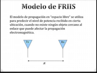 El modelo de propagación en “espacio libre” se utiliza
para predecir el nivel de potencia recibido en cierta
ubicación, cuando no existe ningún objeto cercano al
enlace que puede afectar la propagación
electromagnética.
 